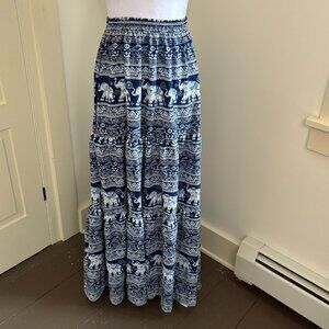 Cobalt Blue and White Elephant Print Maxi Skirt